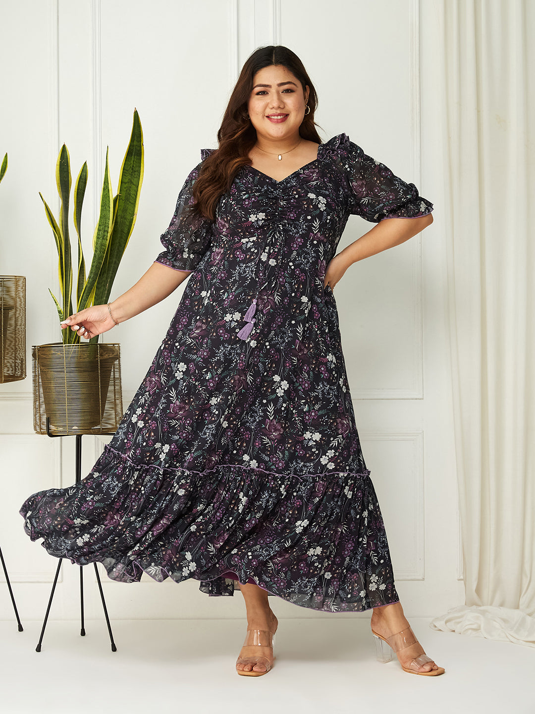 Body Bliss Multicolored-Base-Black Floral Ruching Georgette Maxi Dress