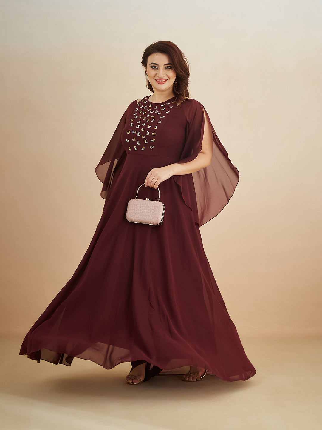 Wine Solid Relaxed Fit Round Neck Flared Sleeve Maxi Dress for Women