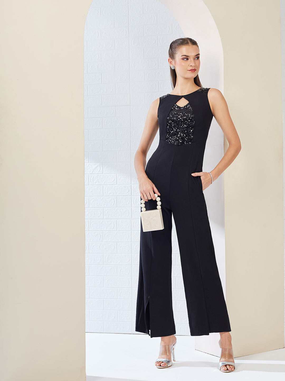 Black Embellished Sweet-heart neck Sleeveless Side Pocketed Polyester Panelled Regular Jumpsuit for Women