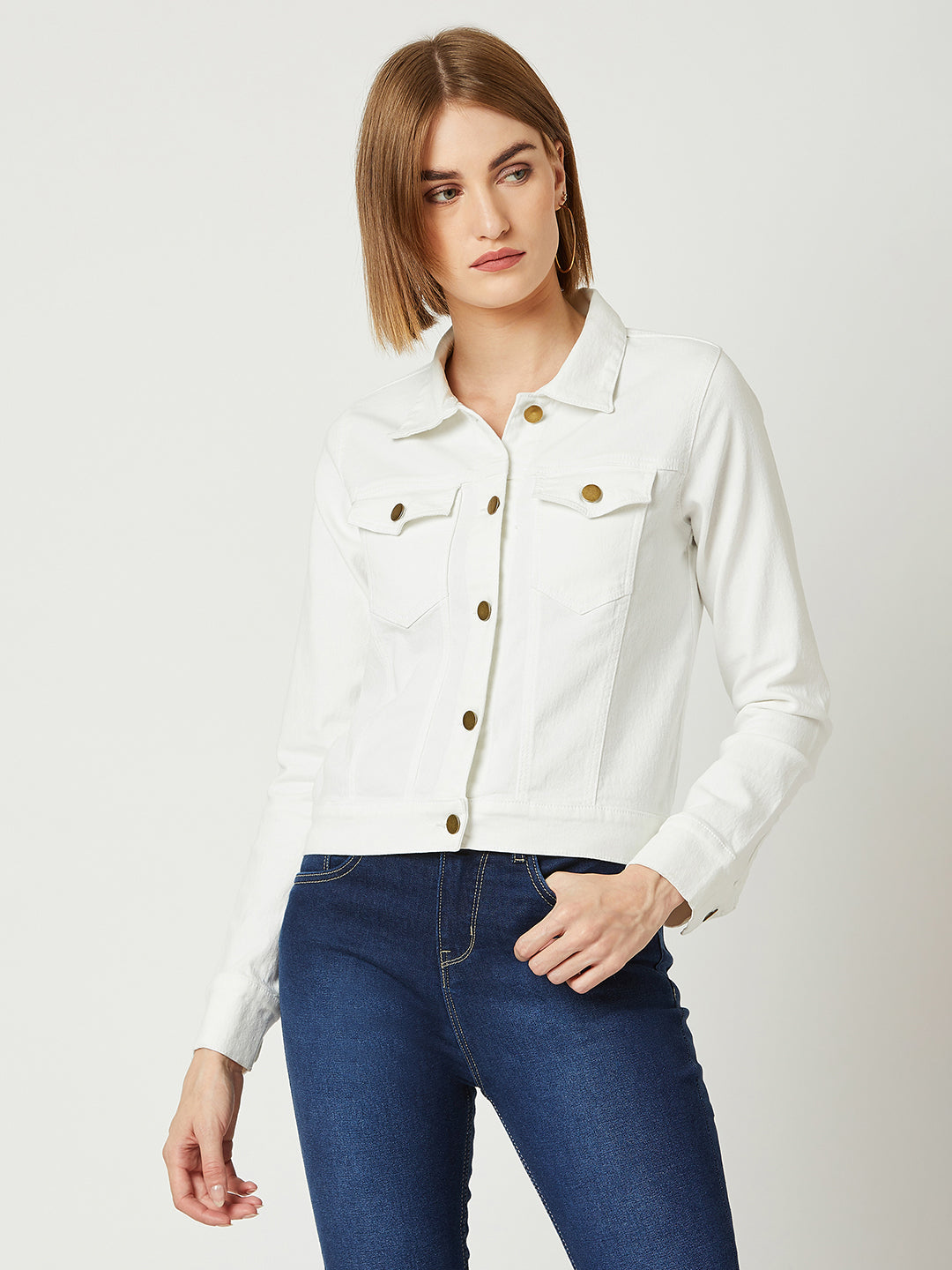 White Polo Neck Full Sleeves Denim Solid Cropped Jacket for Women
