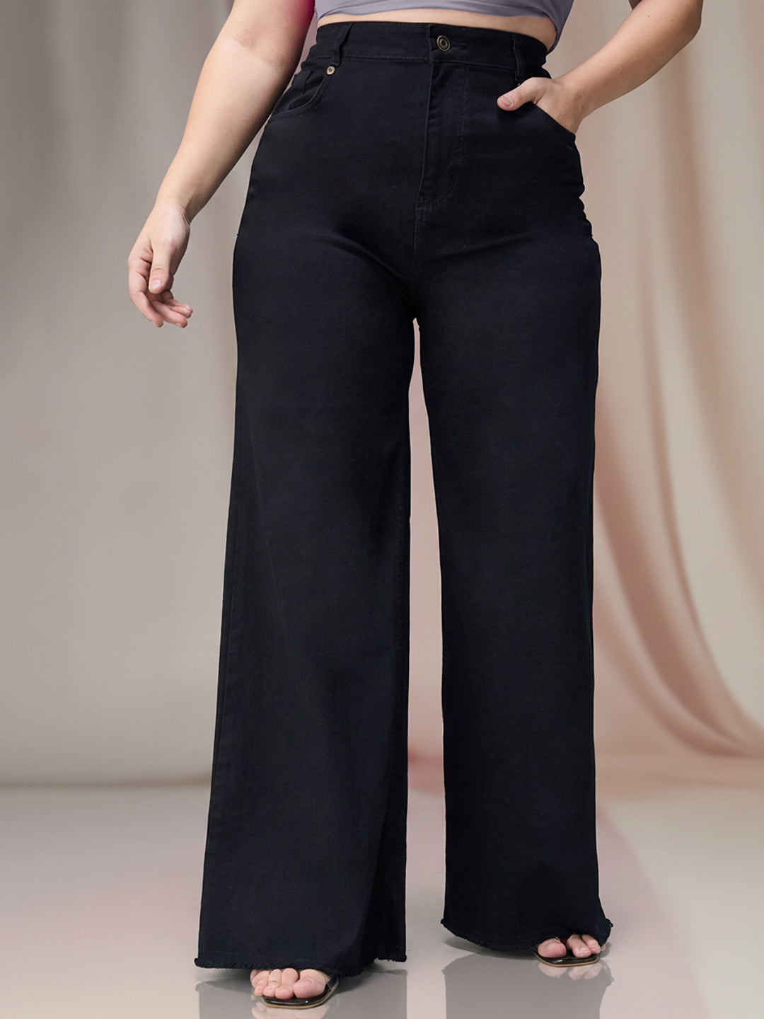 Black High Rise Stretchable Wide Leg Denim Jeans for Women