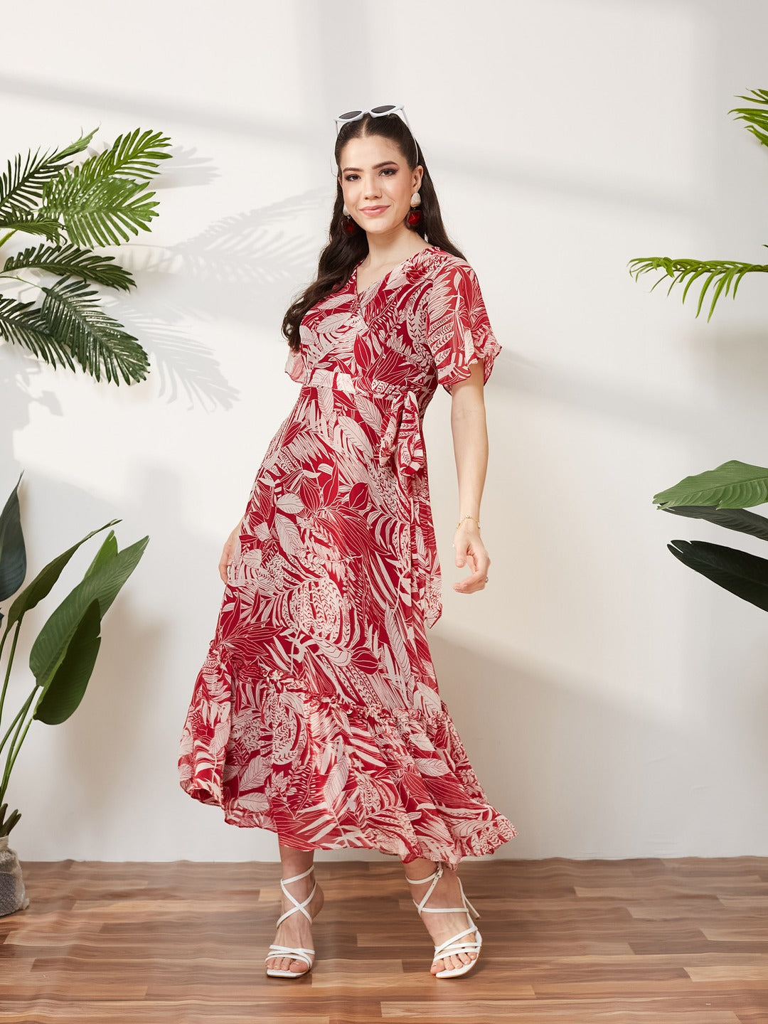 Maroon V Neck Flared Sleeve Floral Wrap Maxi Dress for Women
