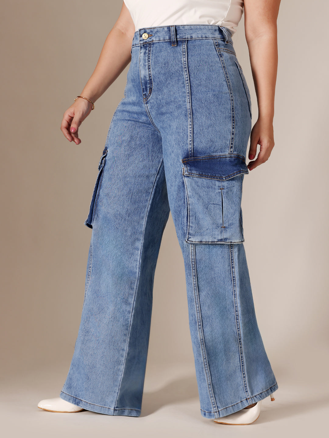 Blue Wide-Leg High-Rise Clean-Look Regular-Length Stretchable Patch-Pocketed Denim Jeans for Women