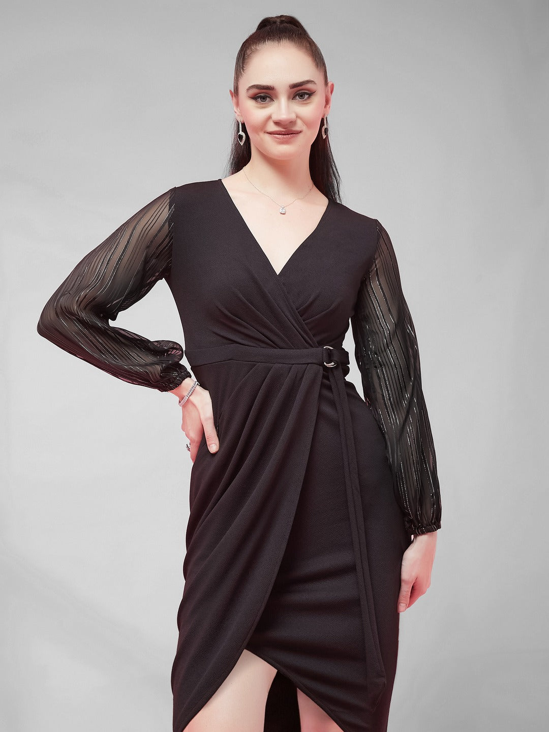 Black Solid V Neck Bishop Sleeves Front Pocketed Polyester Wrap Knee-Length Dress for Women