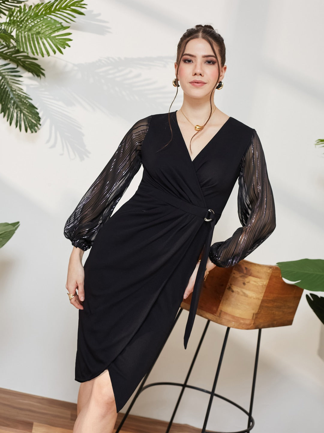bishop sleeve dress black Solid V Neck Sleeves Front Pocketed Polyester Wrap Knee-Length for Women or chic celebrations 030926MD-55% 90s Style: How to Color:Navy*