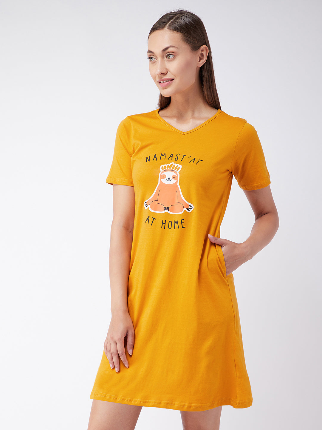 Women's Mustard Yellow Round Neck Short Sleeves Printed Regular length Dress