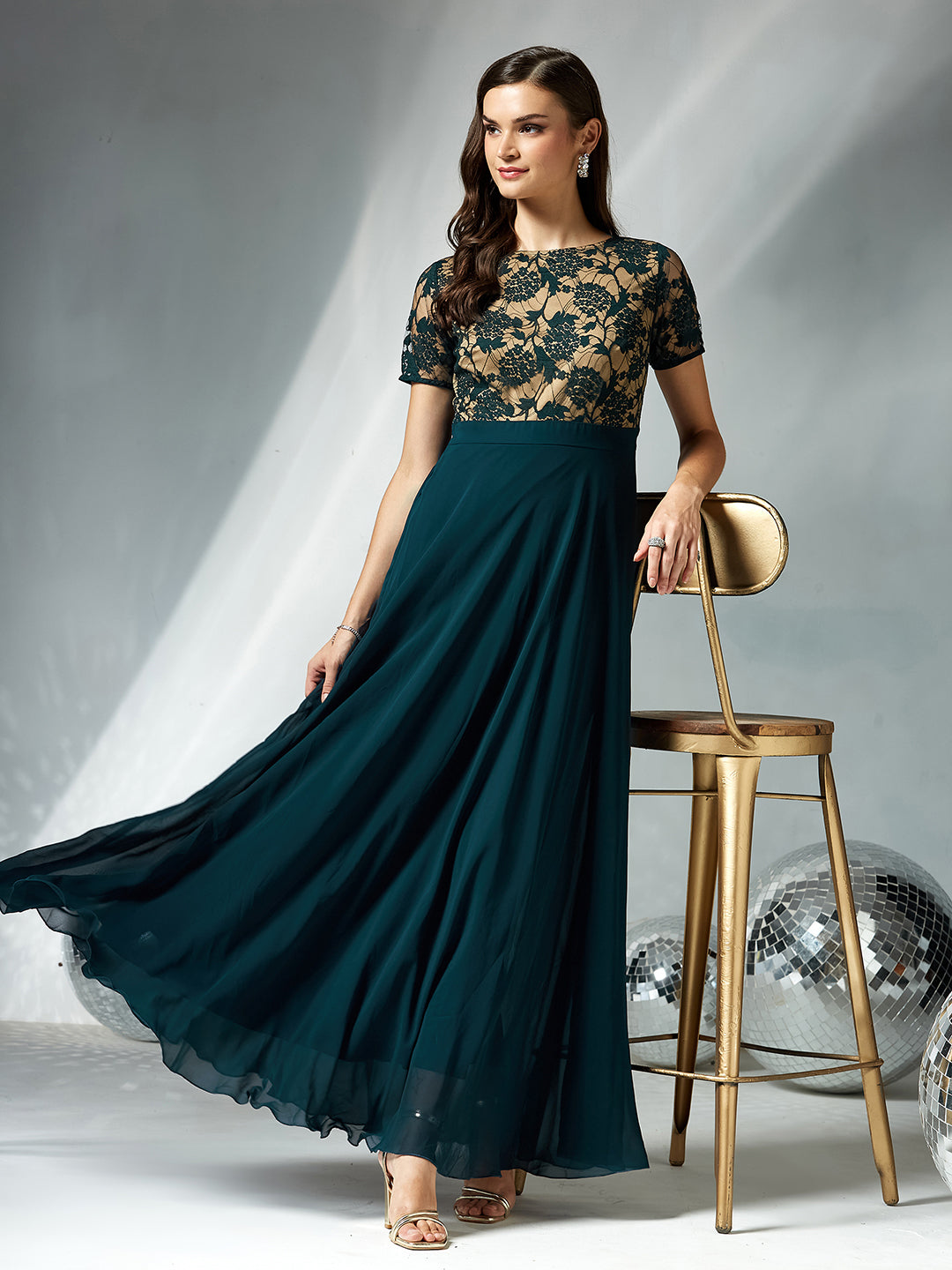 Women's Teal Round Neck Half Sleeve Self Design Fit & Flare Georgette Maxi Dress