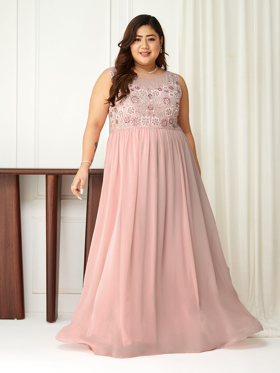 Body Bliss Pink Sequin Embroidery Gathered Maxi Dress