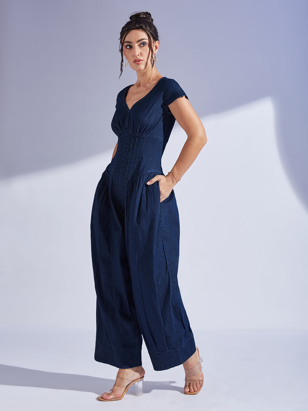 Women's Navy Blue Scoop Neck Cap Sleeve Pin Tucked Dhoti Style Denim Jumpsuit