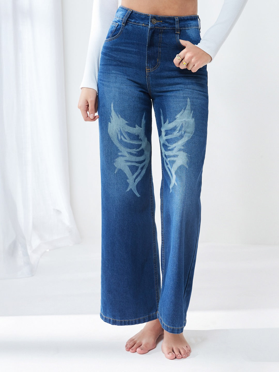 Dark Blue High-Rise Wide-Leg Flared Non-Stretch Jeans with Hand-Painted Art for Women