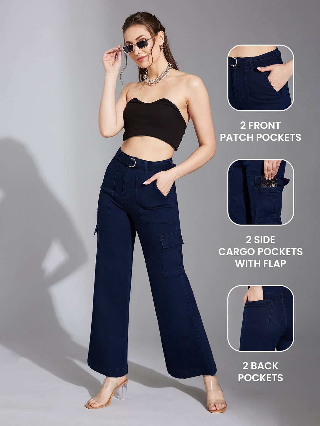 Women's Navy Blue Wide-Leg High-Rise Clean-Look Regular Stretchable Cargo Denim Jeans