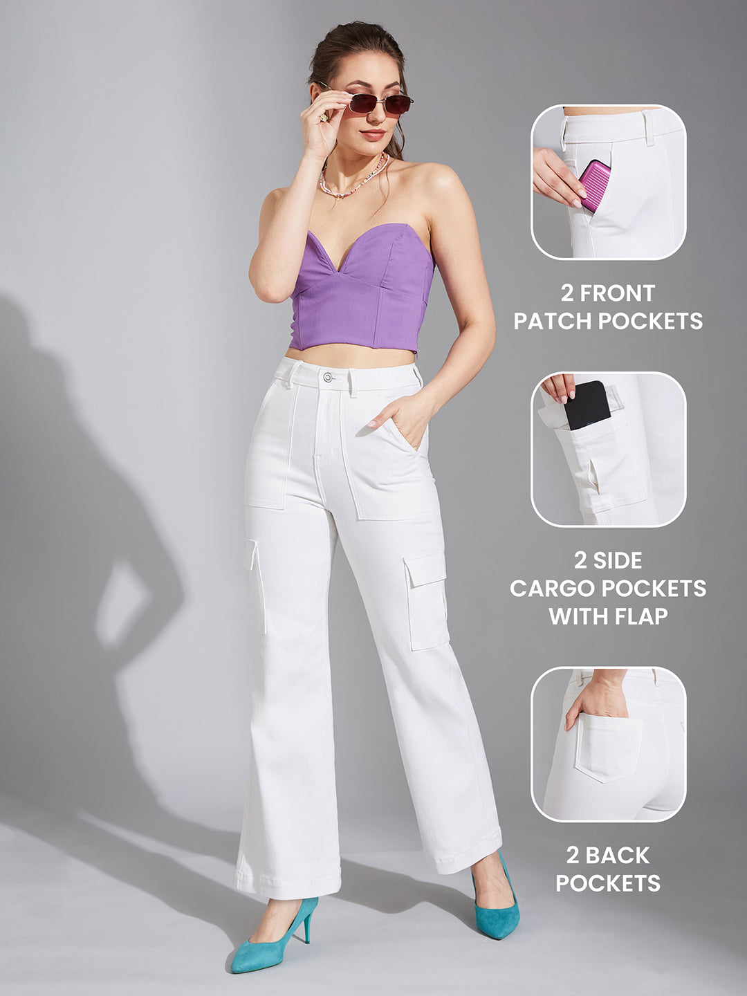 Women's White Wide-Leg High-Rise Clean-Look Stretchable Denim Jeans