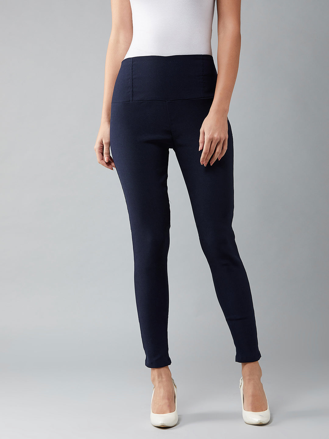 Women's Navy Blue Solid High-Waist Patch Pocket Regular Length Treggings