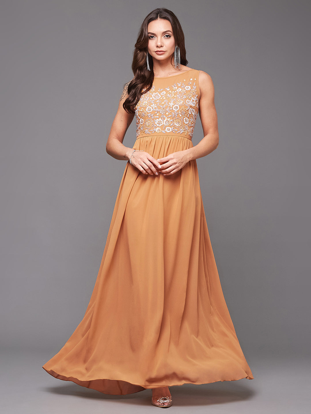 Women's Dusty Orange Boat Neck Sleeveless Embroidered Georgette Gathered Maxi Dress