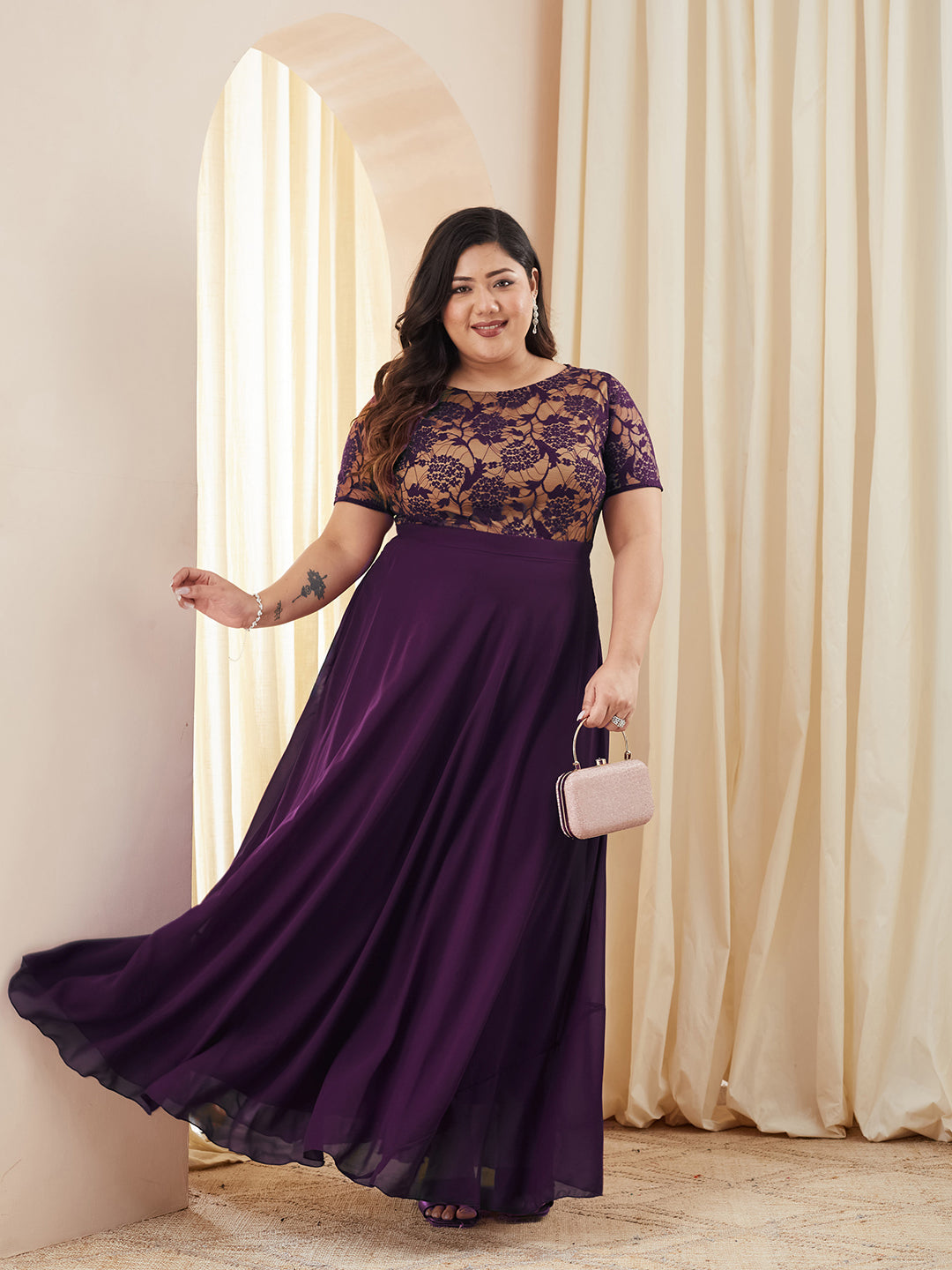 Dark Purple Round Neck Half Sleeve Self Design Fit & Flare Georgette Maxi Dress for Women