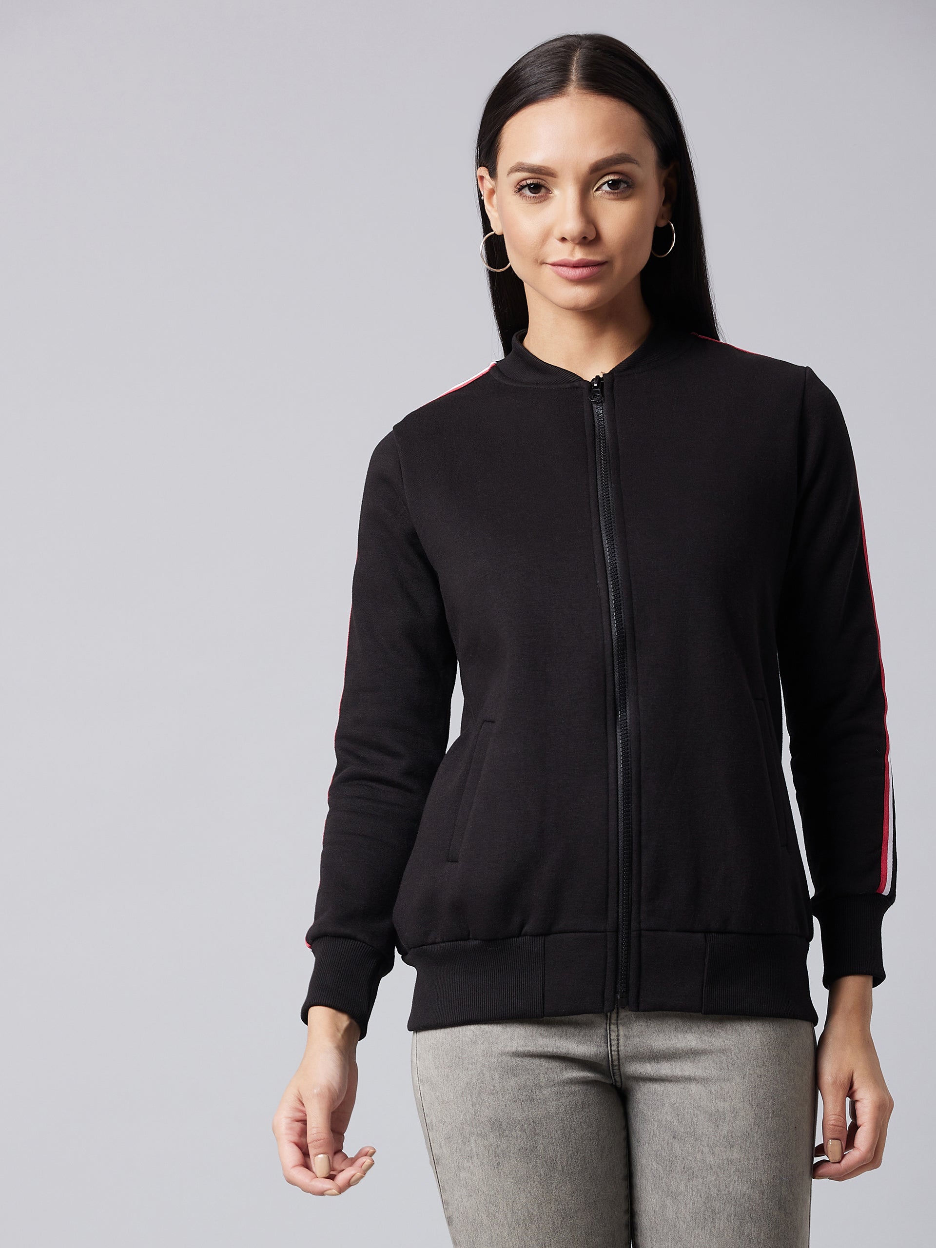 Women's Black V-Neck Full Sleeve Solid Bomber Regular Jacket