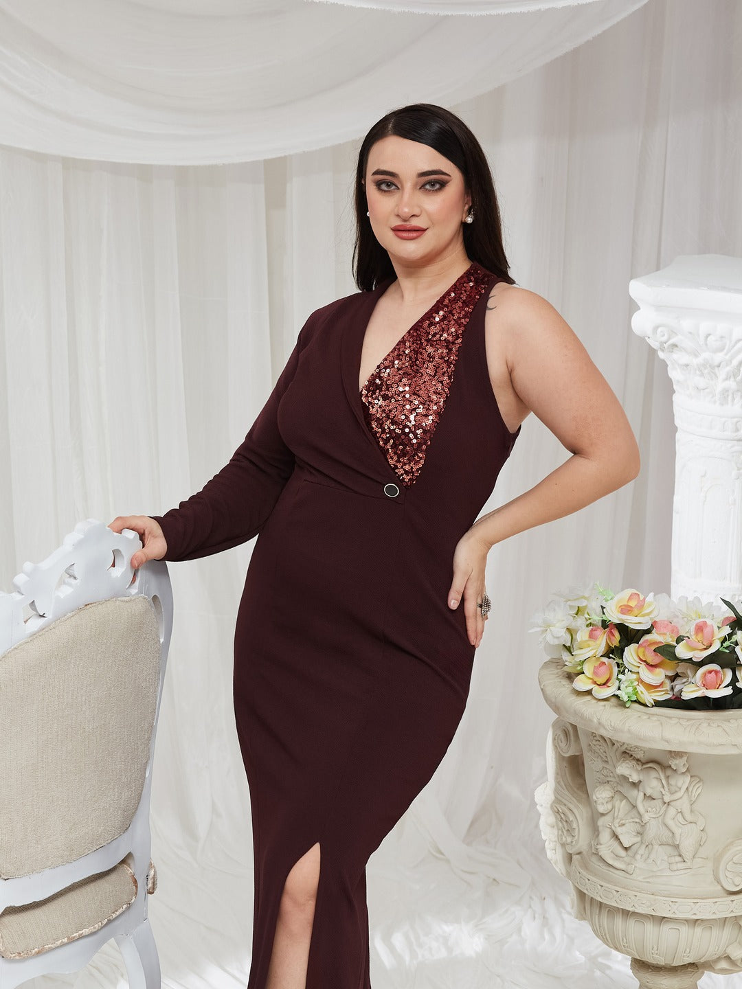 Wine V Neck Asymmetric Sleeve Embellished Blazer Maxi Dress for Women
