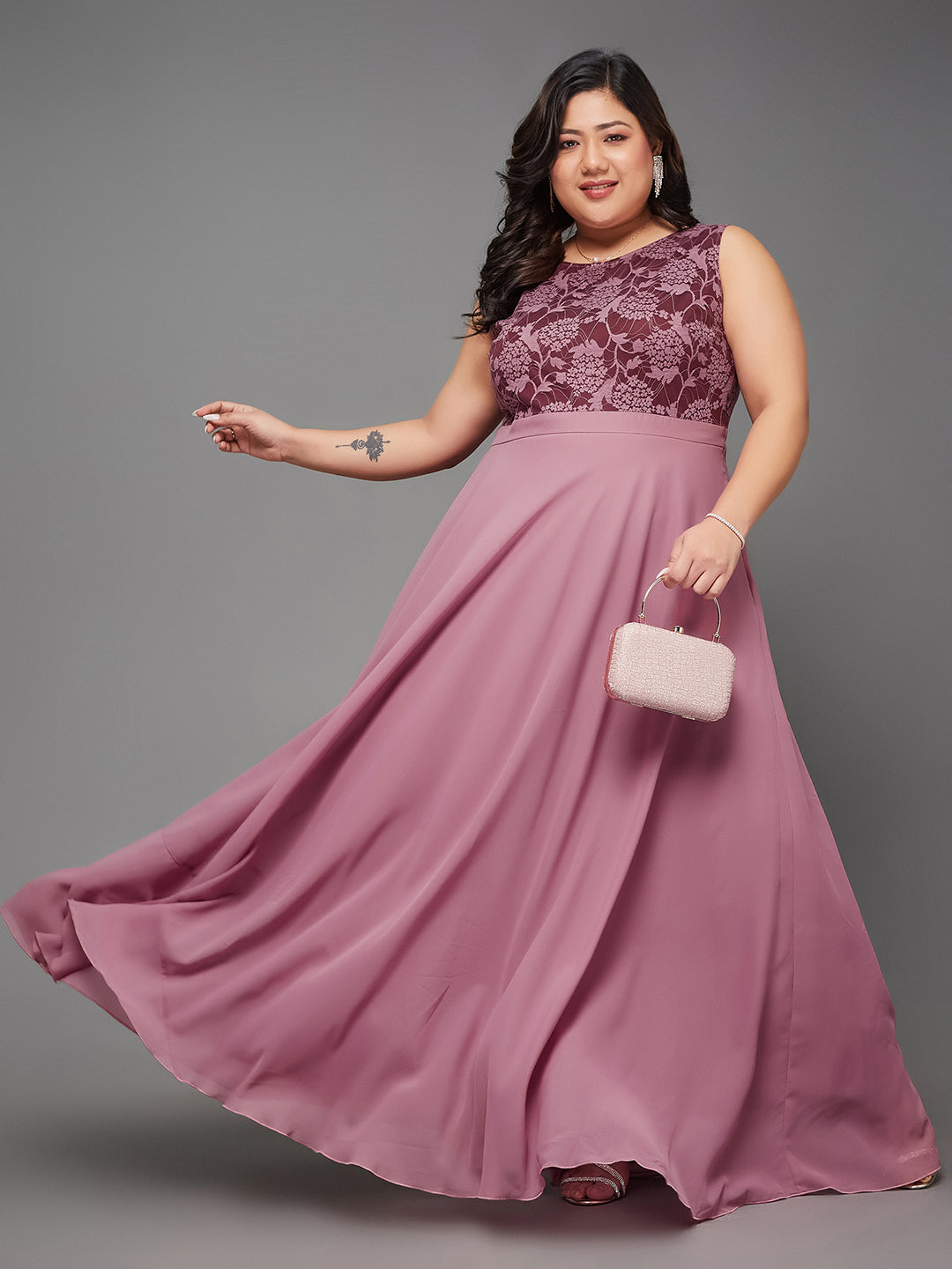 Body Bliss Lavender Solid Lace Overlaid Maxi Dress