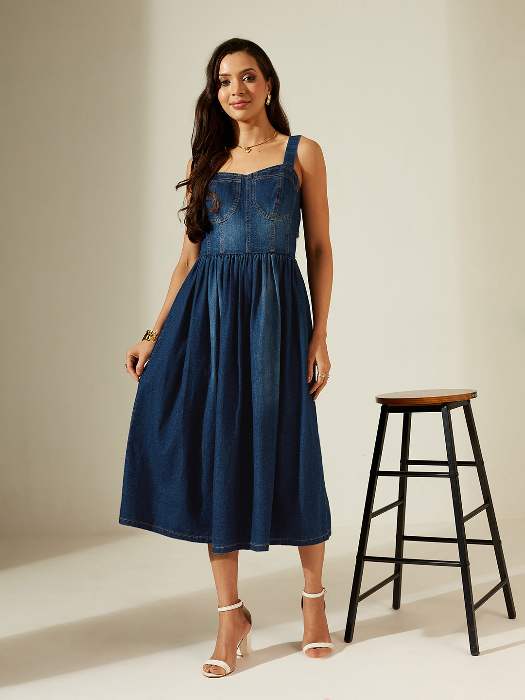 Navy Blue Sweetheart Bustier Gathered Midi Denim Dress For Women