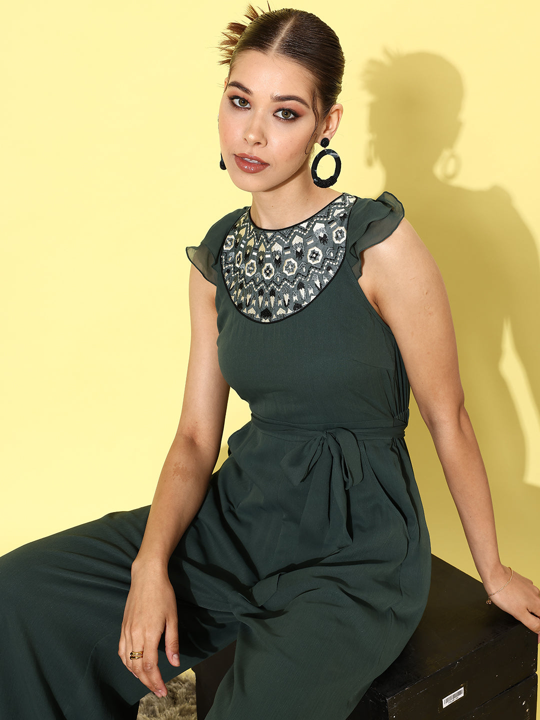 Women's Dark Green Round Neck Ruffled Sleeve Solid Embroidered Regular Jumpsuit
