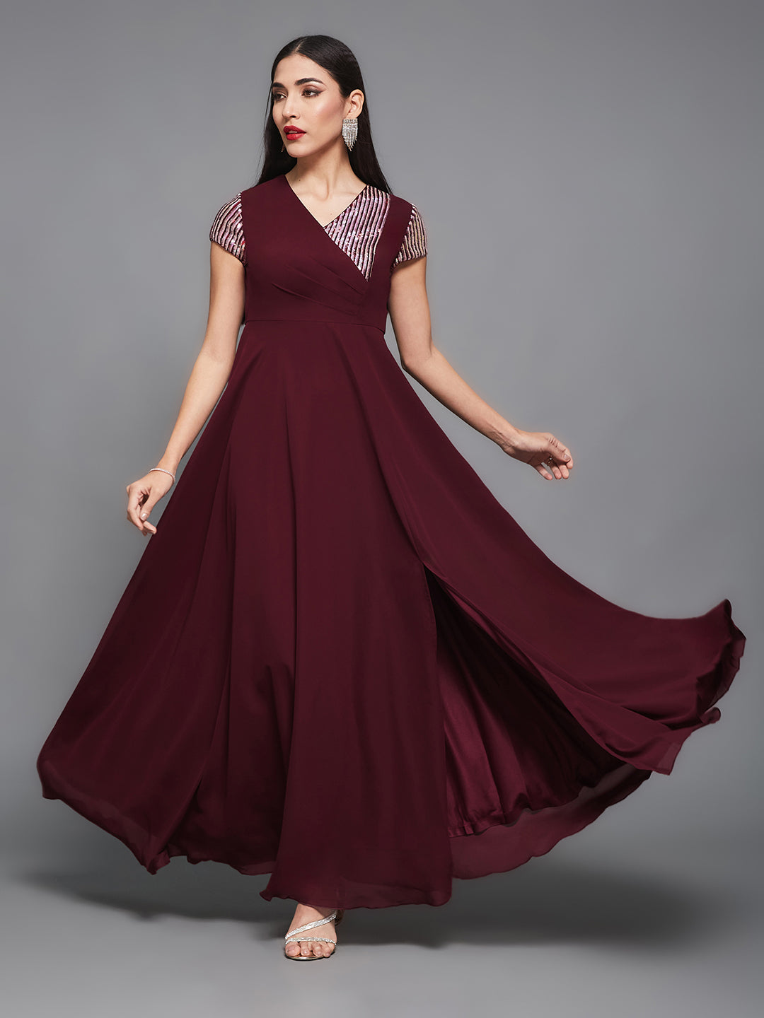 Wine V-Neck Short Sleeve Embellished Asymmetric Maxi Dress for Women Wine V-Neck Short Sleeve Embellished Asymmetric Maxi Dress for Women