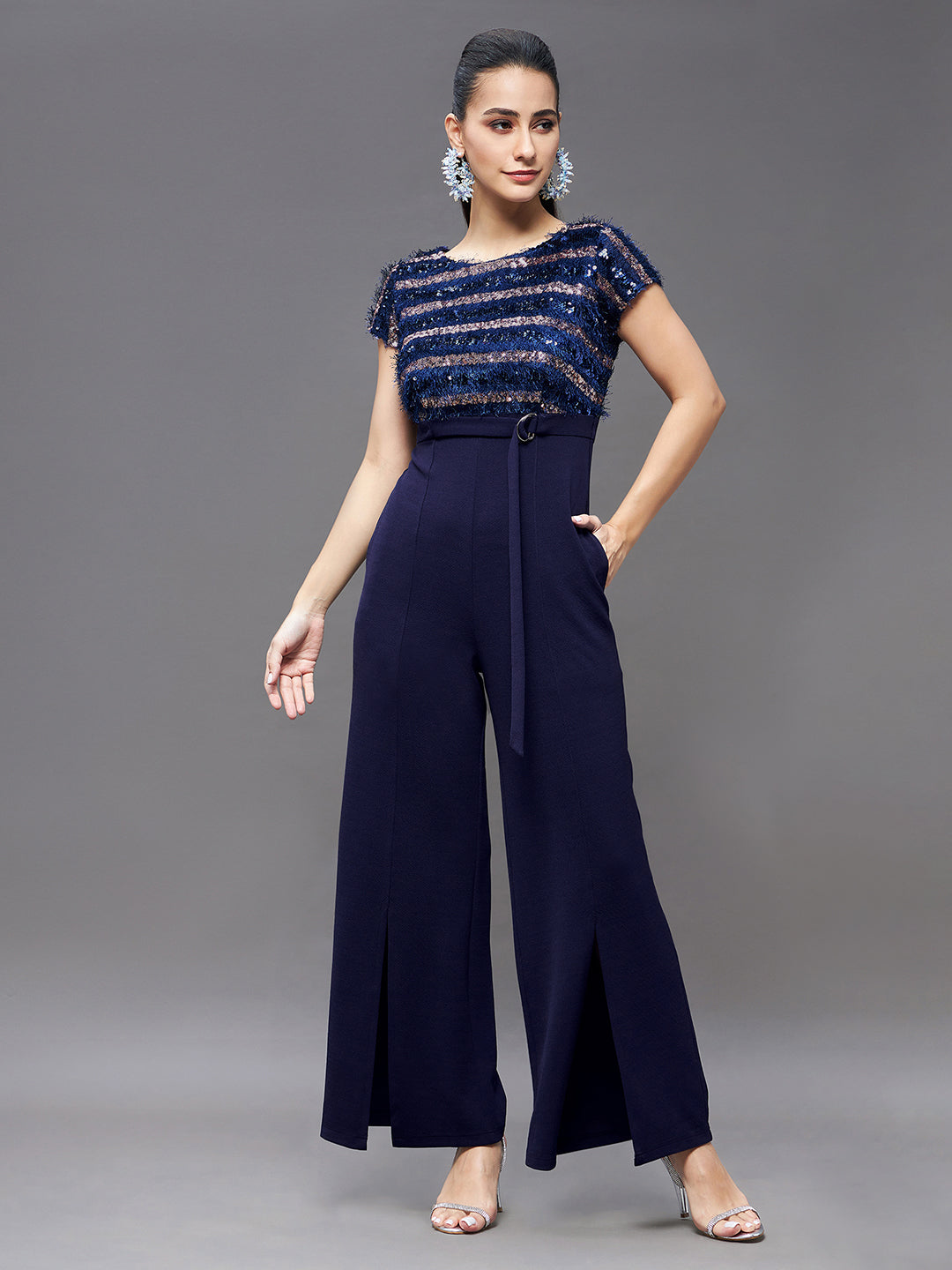 Crease Ease Women's Navy Blue Round Neck Short Sleeve Embellished Front Slit Fringed Regular Jumpsuit