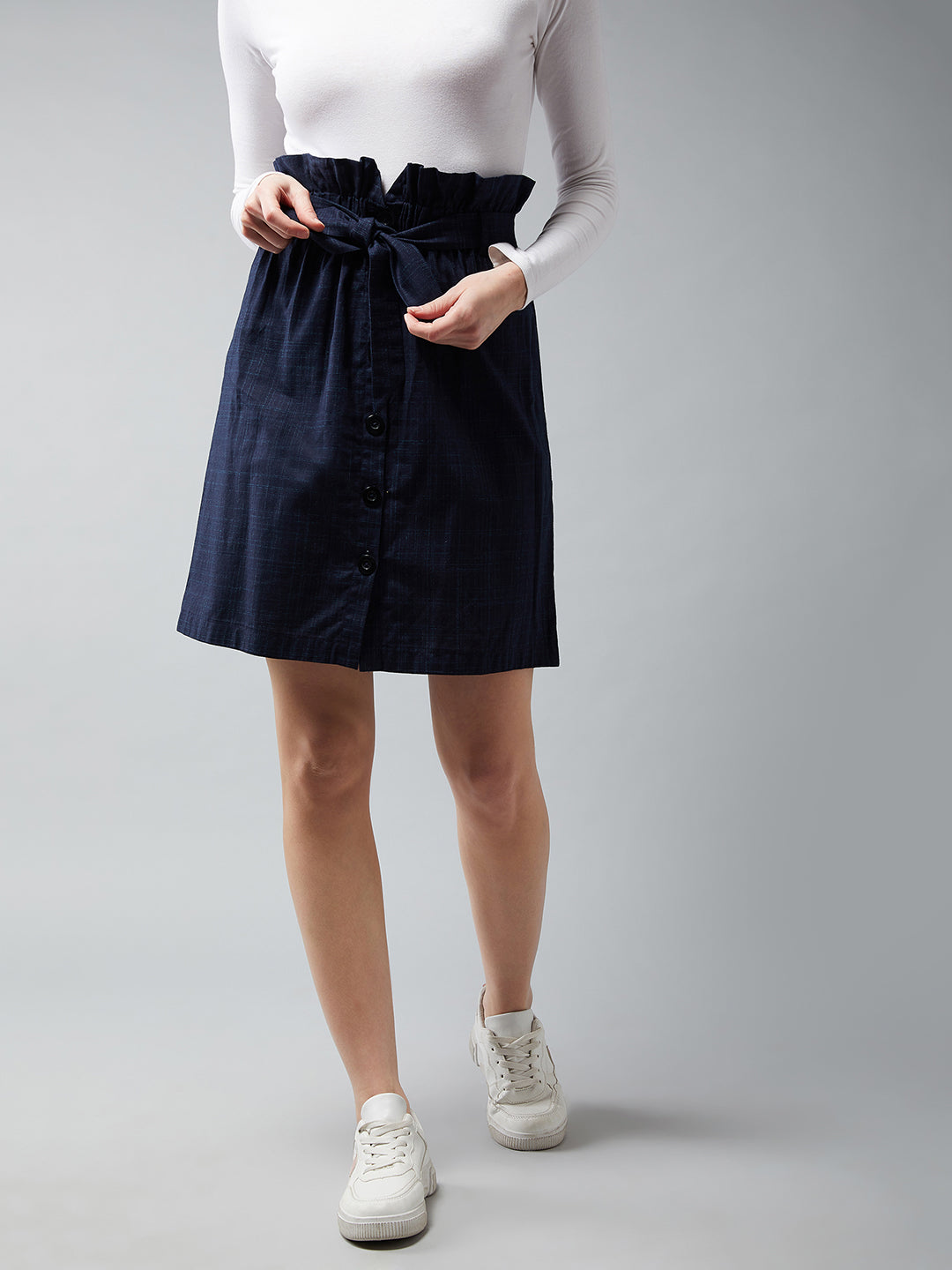 Women's Navy Blue Solid Paper Bag Mini Skirt