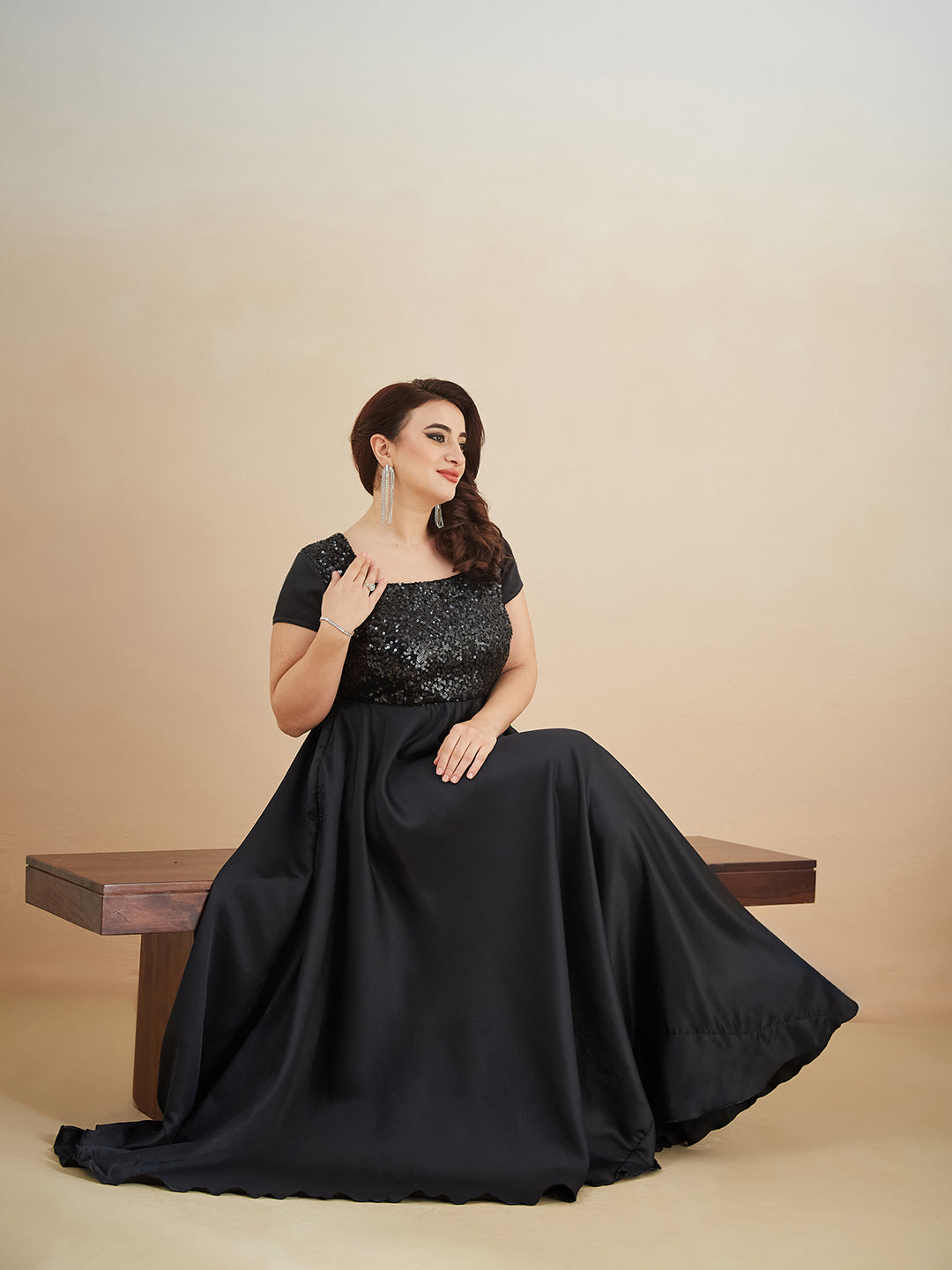 Black Square Neck Short Sleeve Embellished Polyester Fit & Flare Maxi Dress for Women