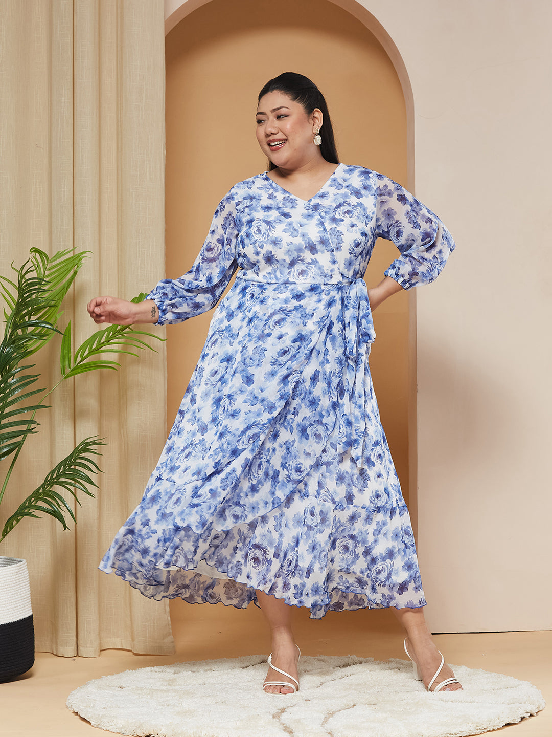 Multicolored-Base-White V-Neck Three-Quarter-Sleeves Floral Wrap Chiffon Midi Dress for Women