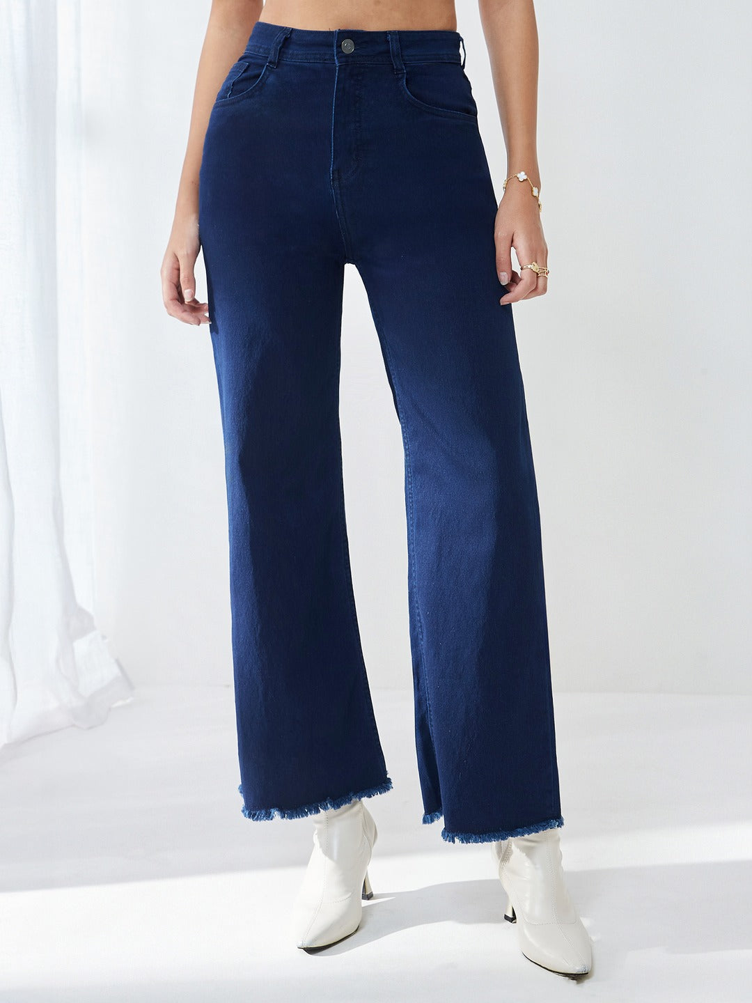 Navy Blue Wide-Leg High-Rise Stretchable Denim Jeans for Women