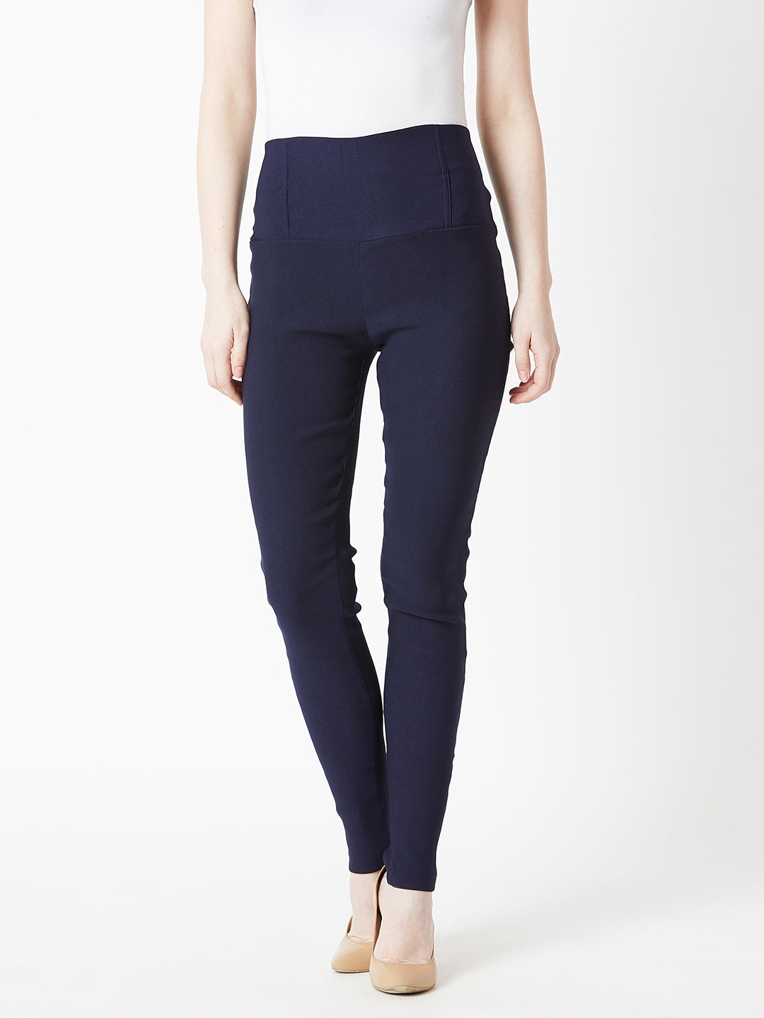 Women's Navy Blue Solid Skinny Regular Length High Waist Jeggings