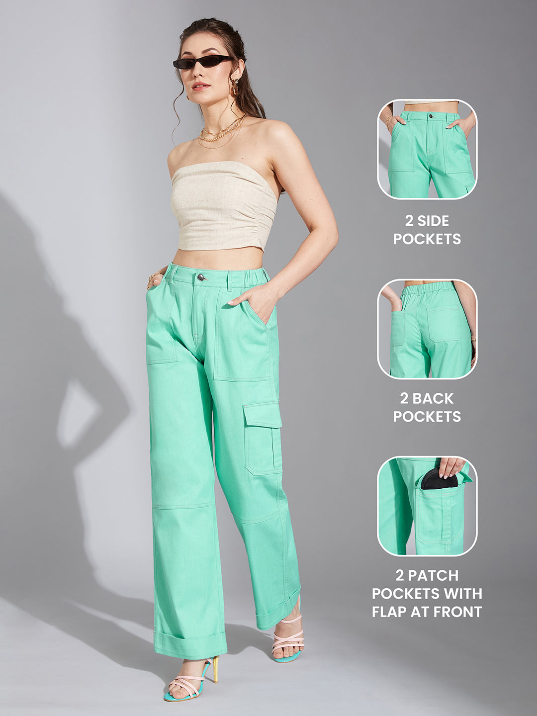 24/7 Comfort Turquoise Wide-Leg High-Rise Stretchable Denim Cargo Pants