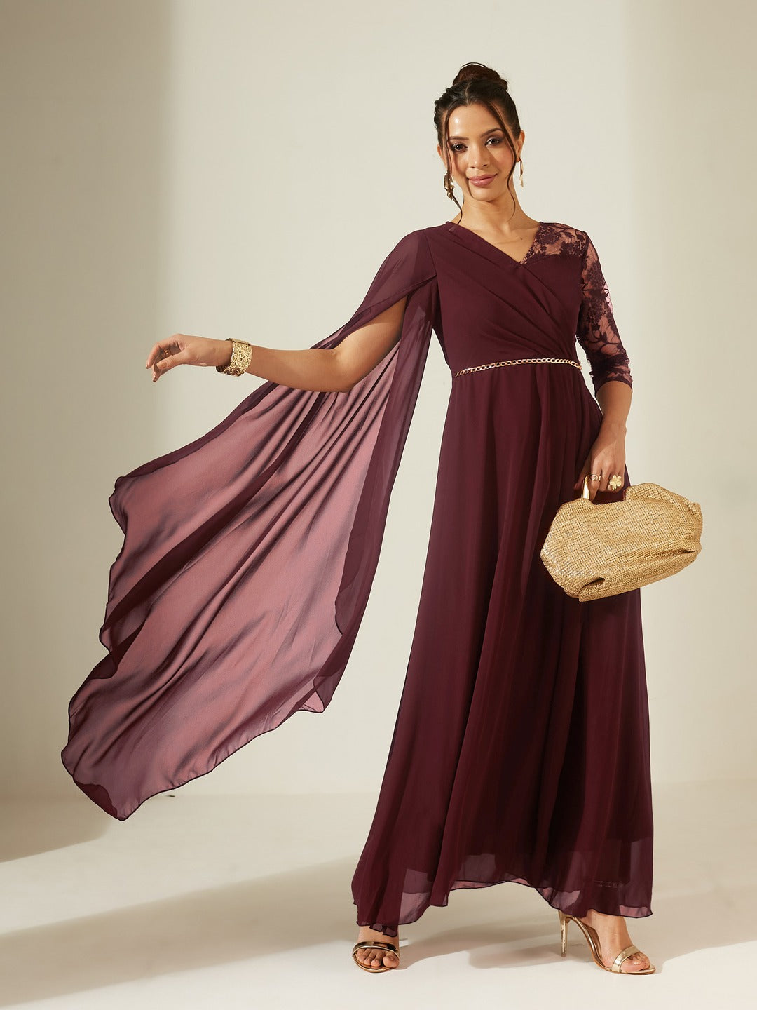 Wine V-Neck Three-Quarter Sleeve Self-Designed Asymmetric Georgette Maxi Dress for Women