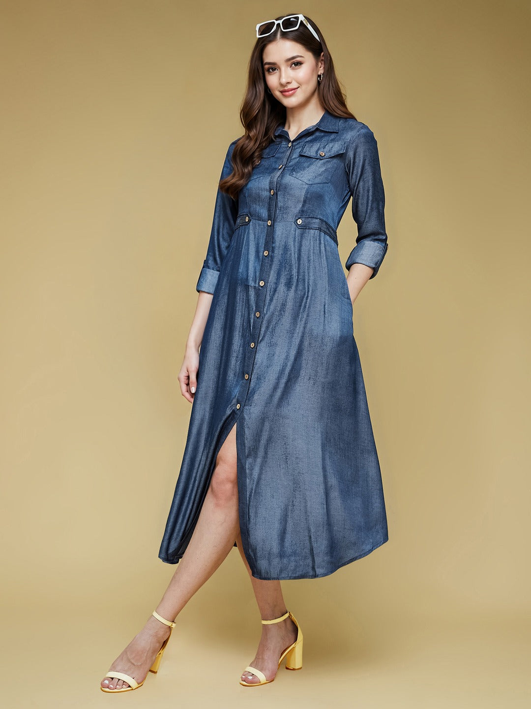 Blue Shirt Collar 3/4 Sleeve Solid Midi Polyester Shirt Dress for Women