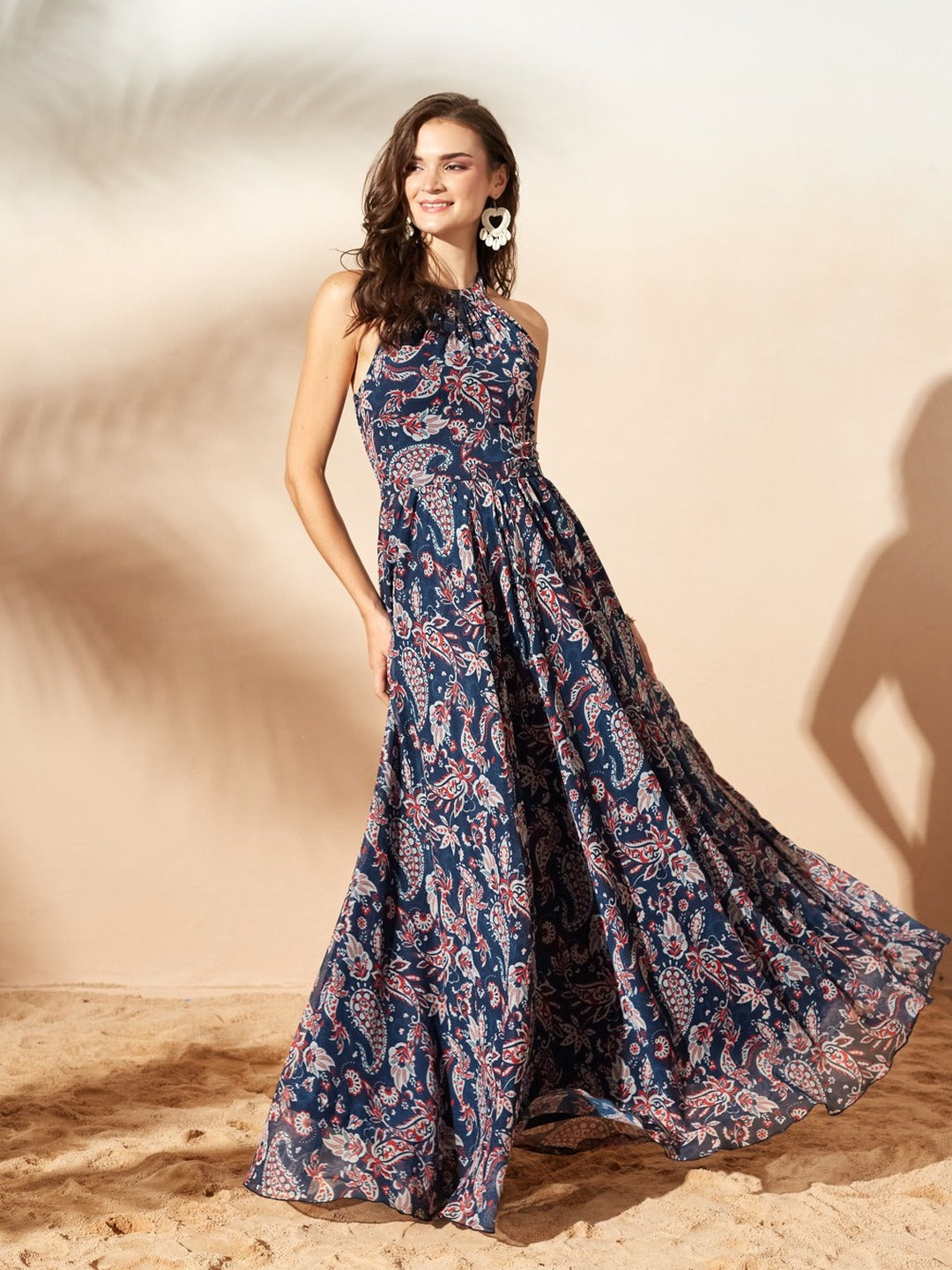 Navy Blue Halter Neck Floral Printed Maxi Dress for Women