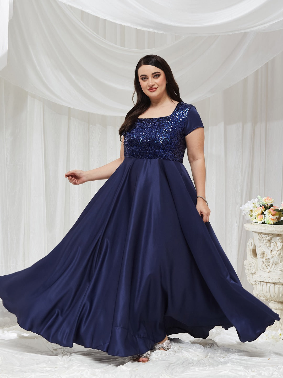 Women's Navy Blue Square Neck Short Sleeve Embellished Polyester Fit and Flare Maxi Dress