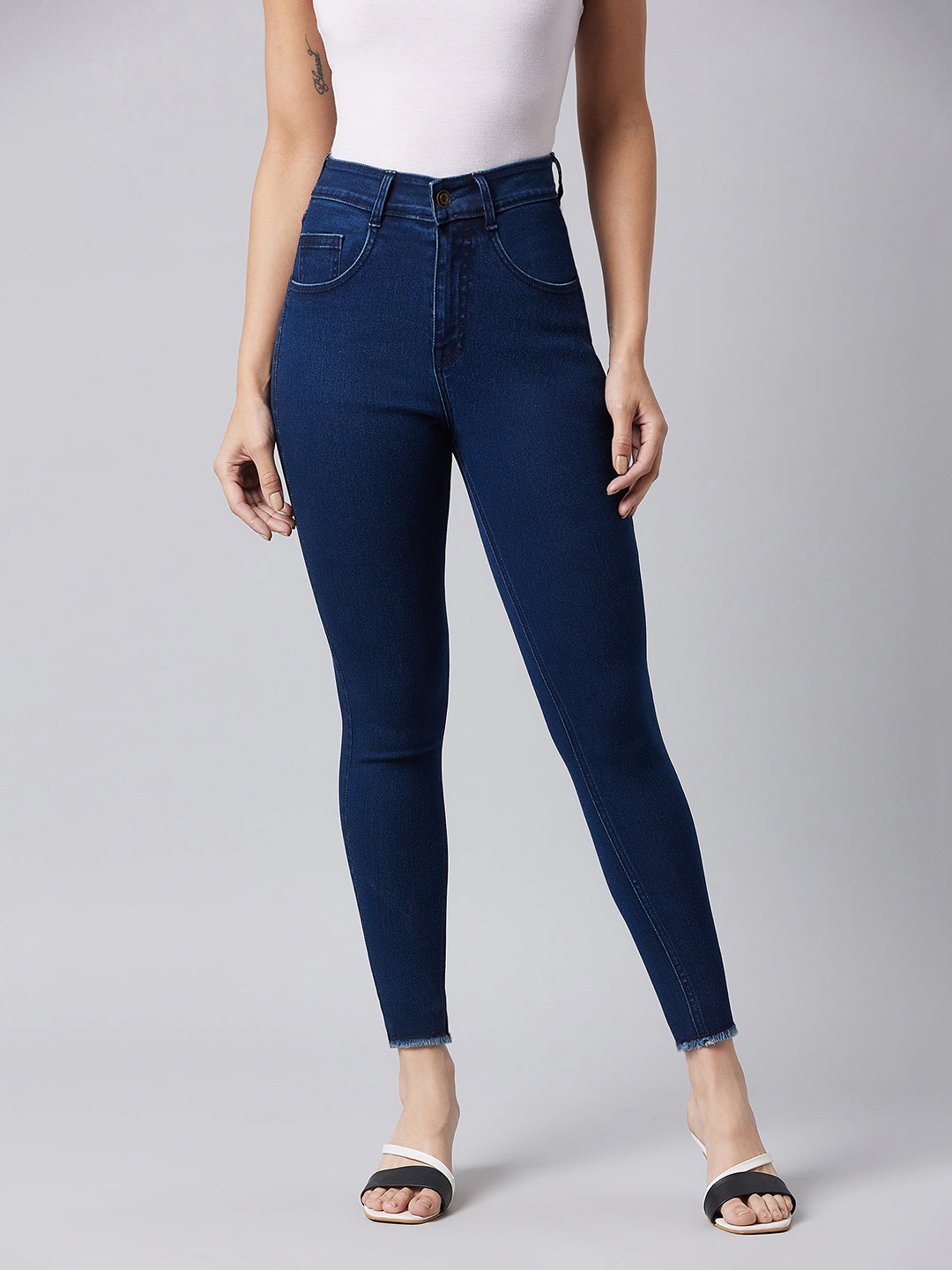 Women's Navy-Blue Skinny High-Rise Clean-Look Cropped Stretchable Denim Jeans