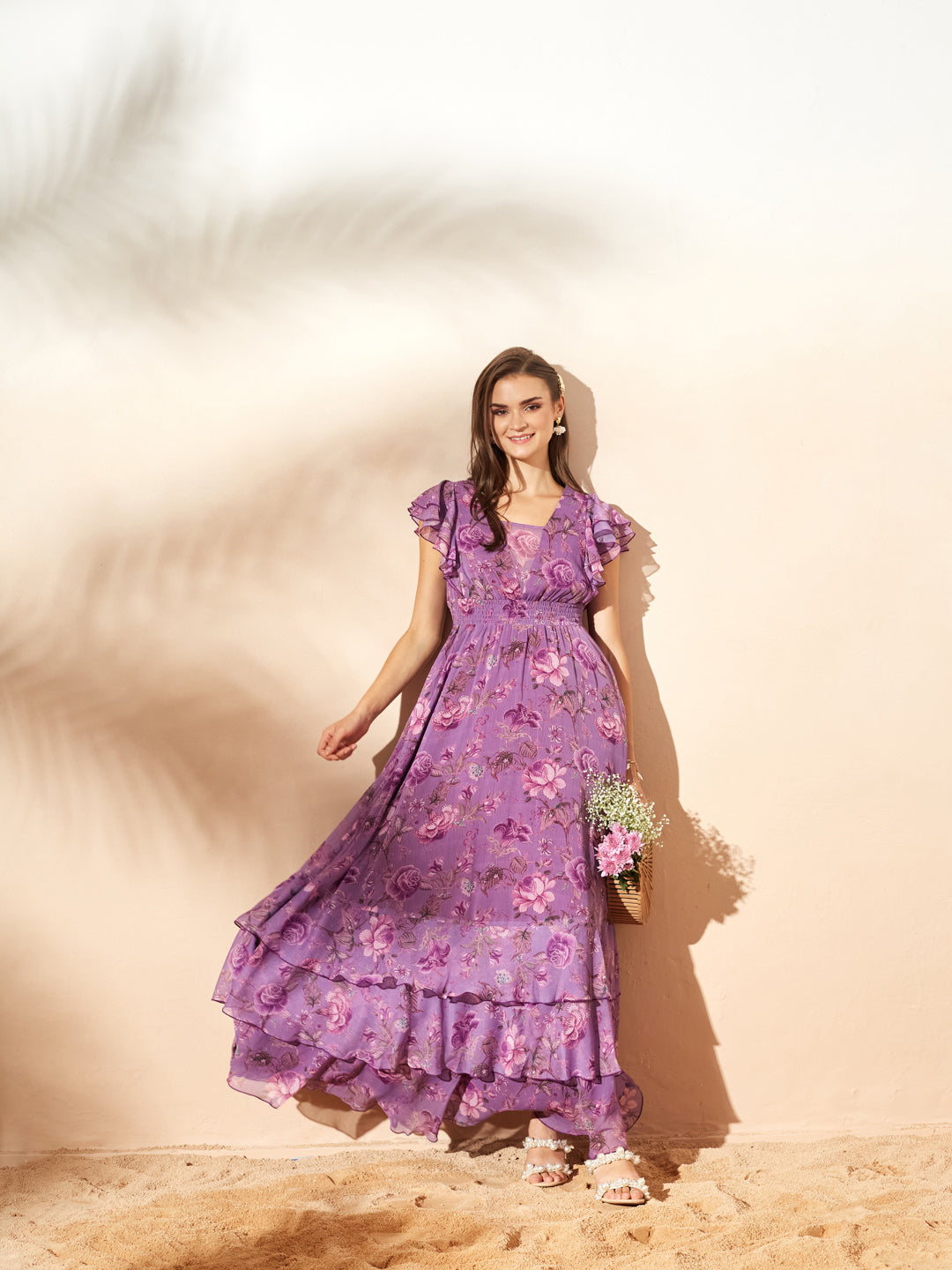 Lavender Tapered Square Neck Layered Ruffle Floral Ruffled Maxi Chiffon Dress for Women — Miss Chase