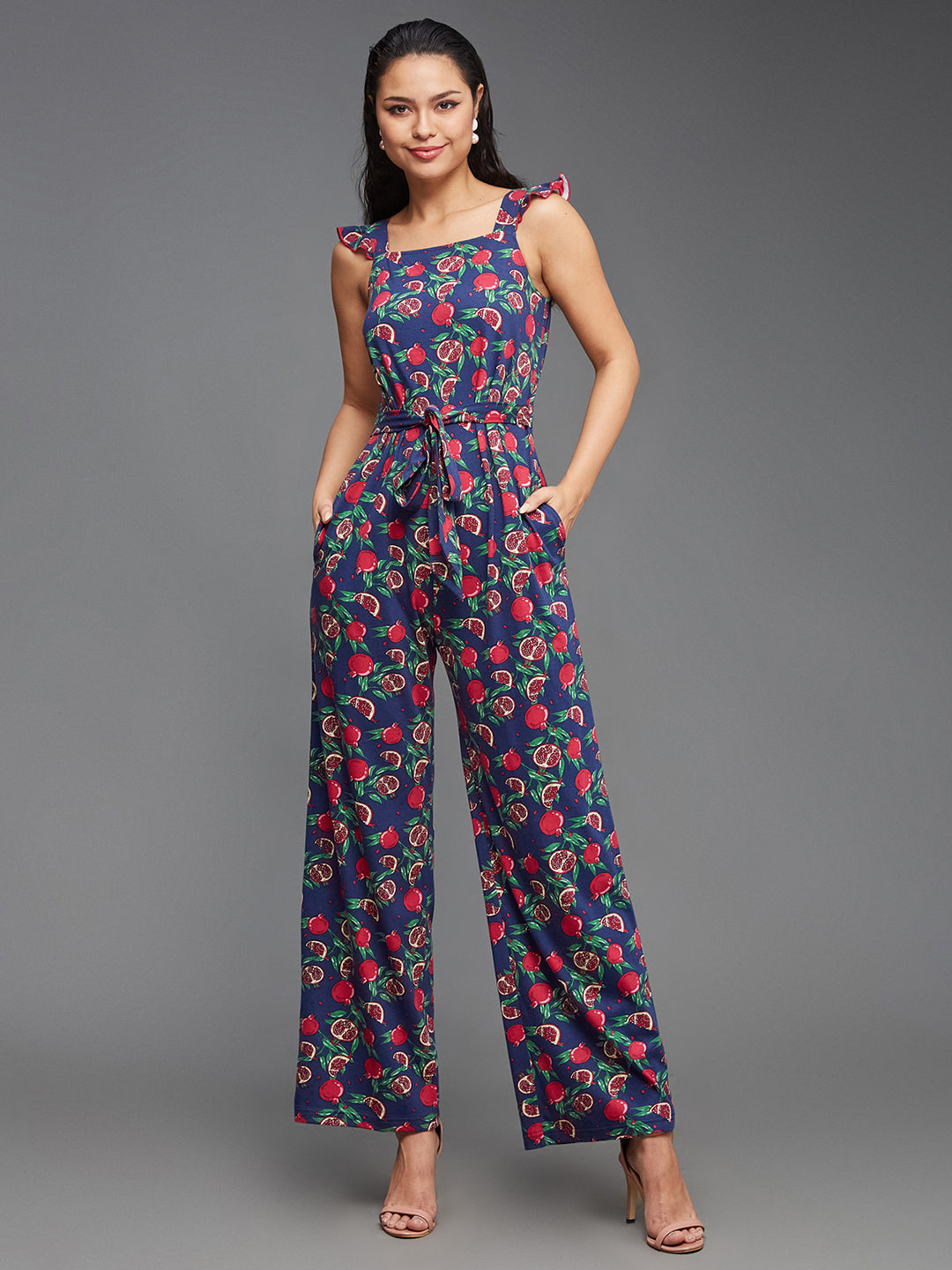 Women's Multicolored-Base-Navy Square Neck Sleeveless Fruit Waist Tie-Up Pure Cotton Regular-Length Jumpsuit