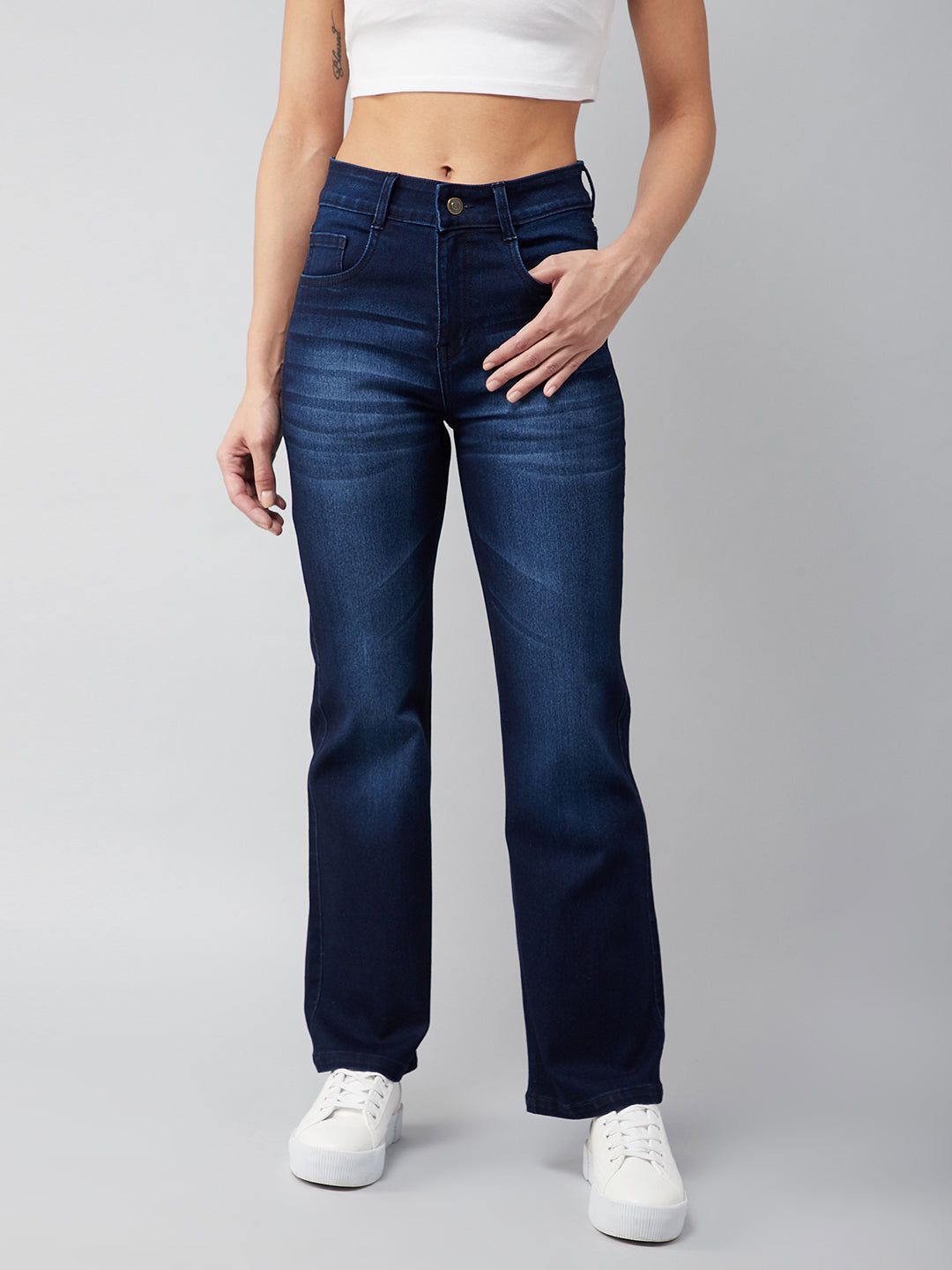24/7 Comfort Navy-Blue Mid-Rise Stretchable Bell-Bottom Bootcut Denim Jeans