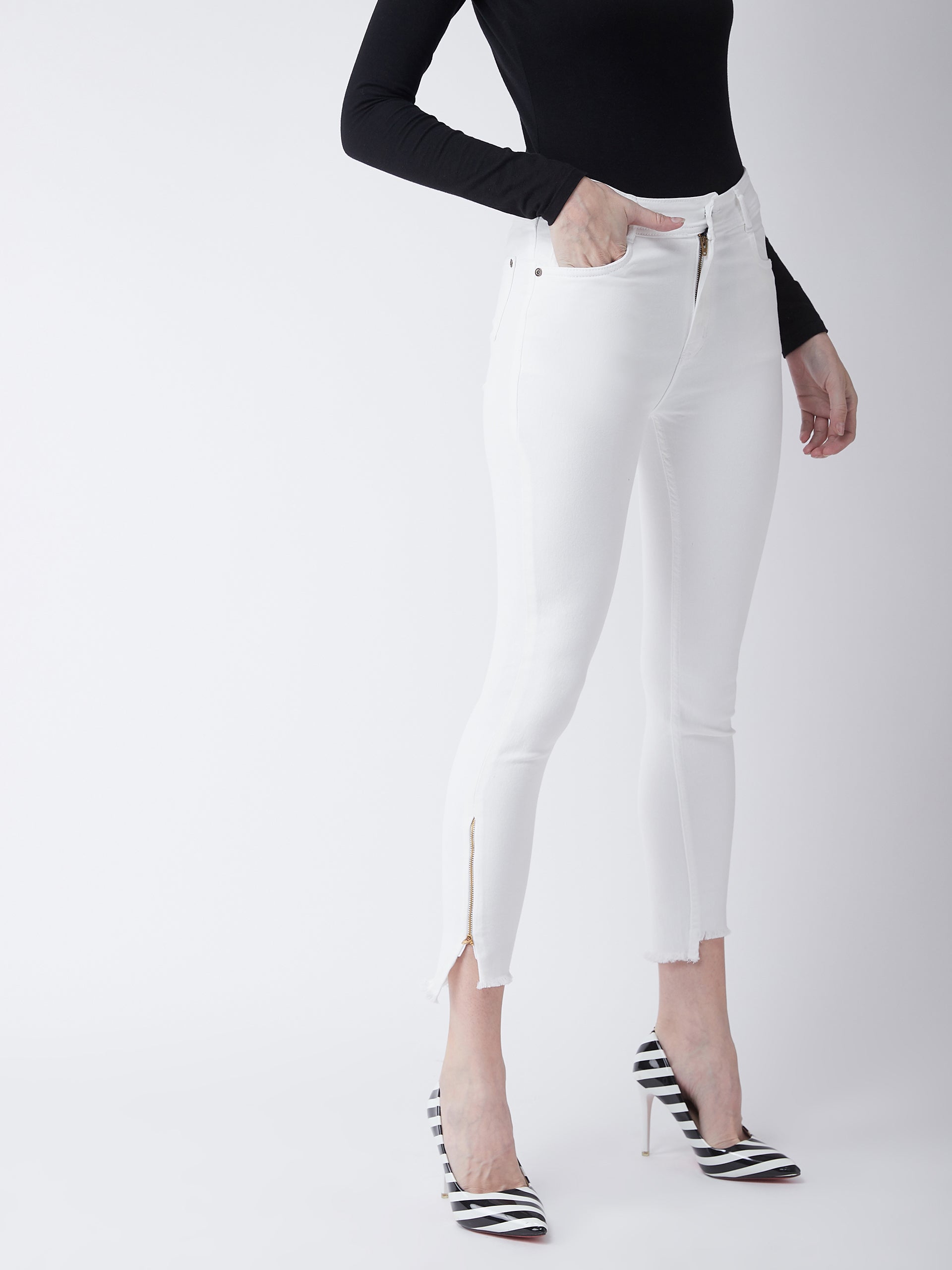 Women's White Skinny-Fit High-Rise Side-Slit Raw Edge Detailing Clean-Look Cropped Stretchable Denim Jeans