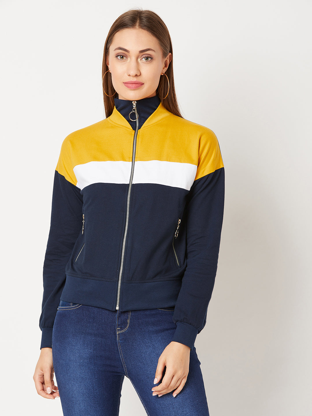 Multicolored-Base-Navy-Blue Turtle-neck Full sleeved Solid Color-Block Jacket for Women