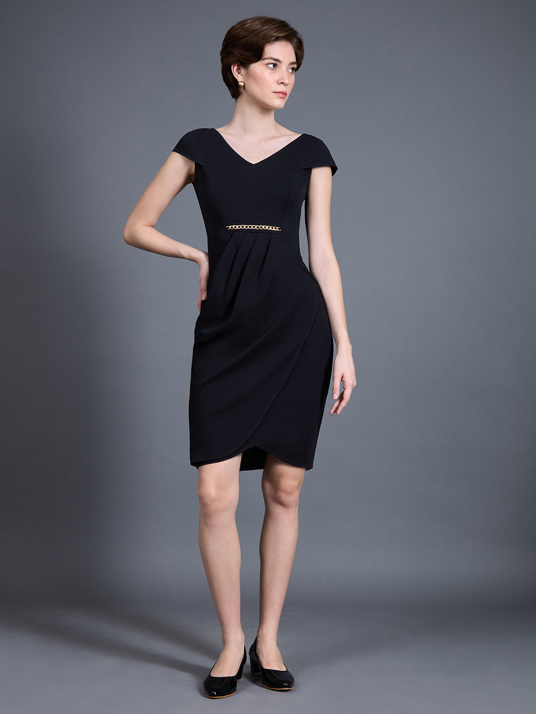 Women's Black Solid V Neck Cap Sleeves Polyester Side Pocketed Knee Long Dress