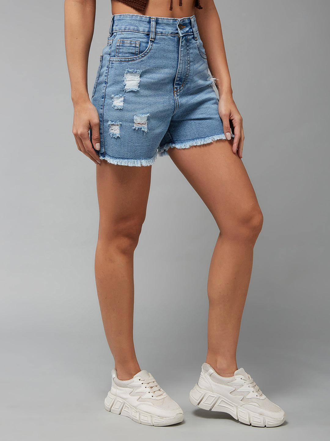 Light-Blue Relaxed Fit Mid-Rise Highly Distressed Regular Denim Shorts for Women