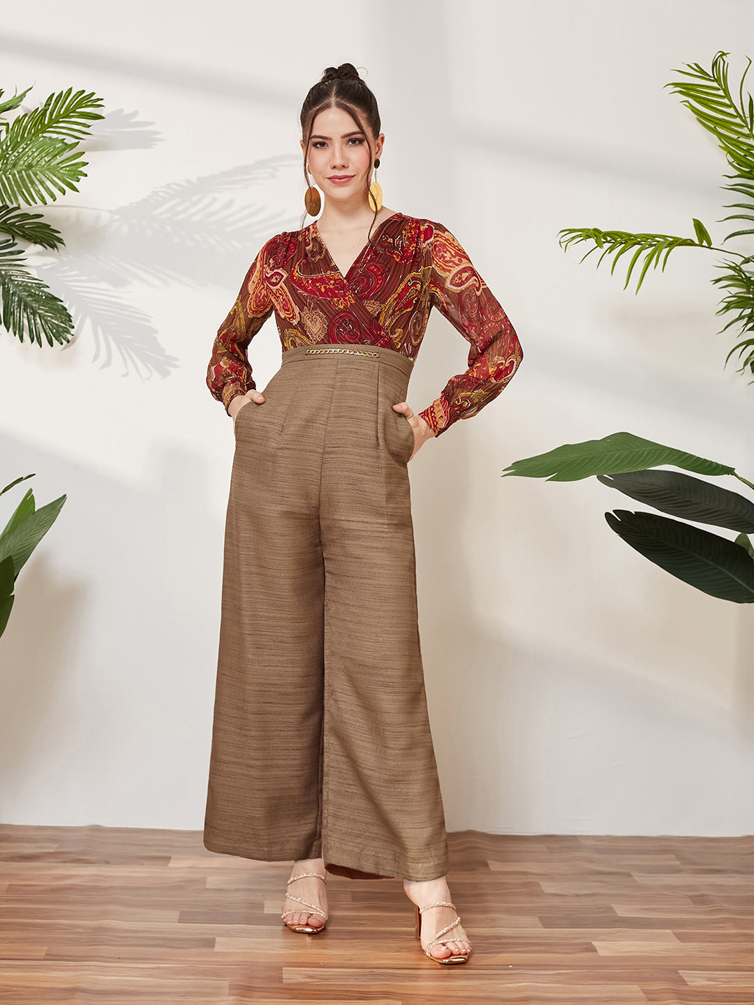 V-Neck Bishop Sleeve Bohemian Patterned Straight Leg Wrap Regular Silk Jumpsuit for Women