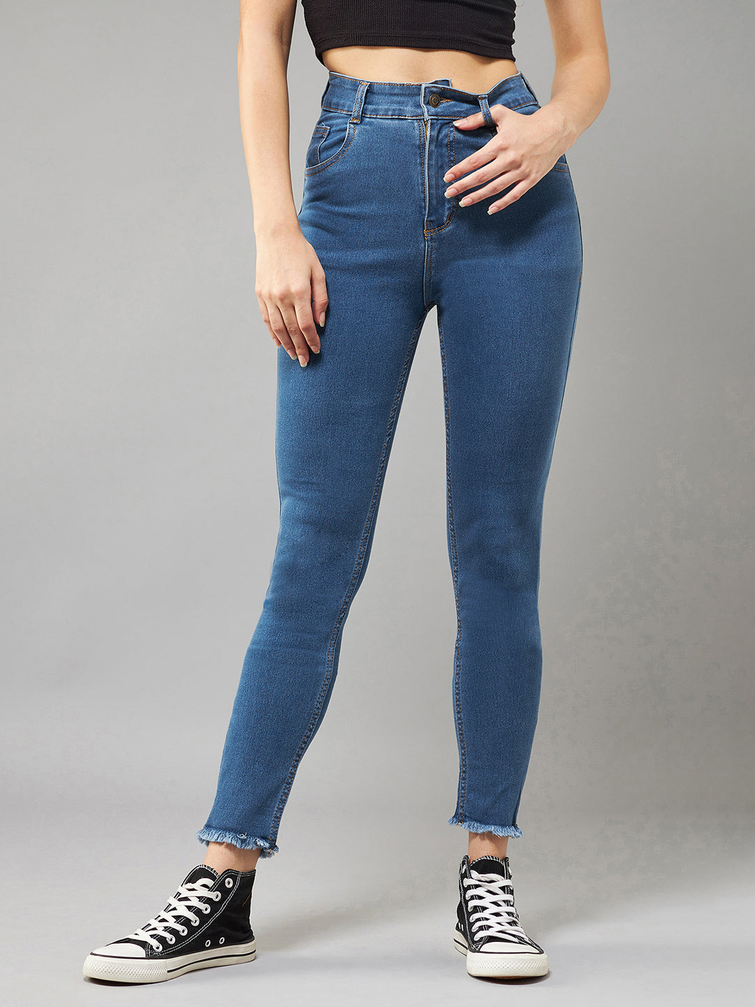 24/7 Comfort Mid-Blue Skinny-Fit High-Rise Clean-Look Fringe And Side Zipper Detailing Cropped Denim Jeans for Women