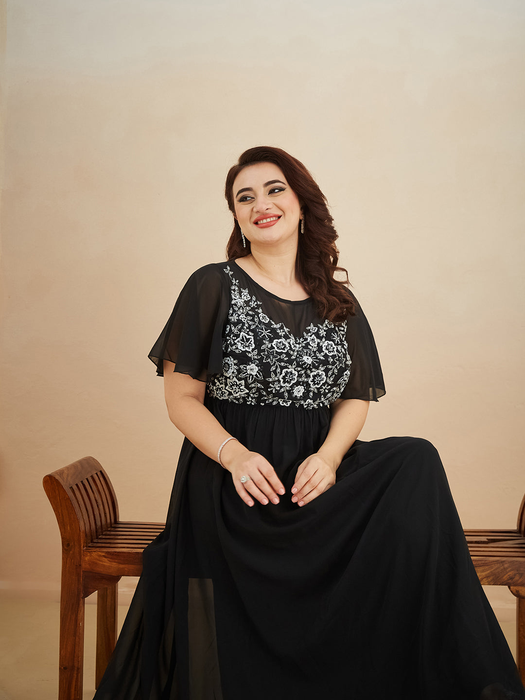 Black Embellished Gathered Maxi Dress for Women