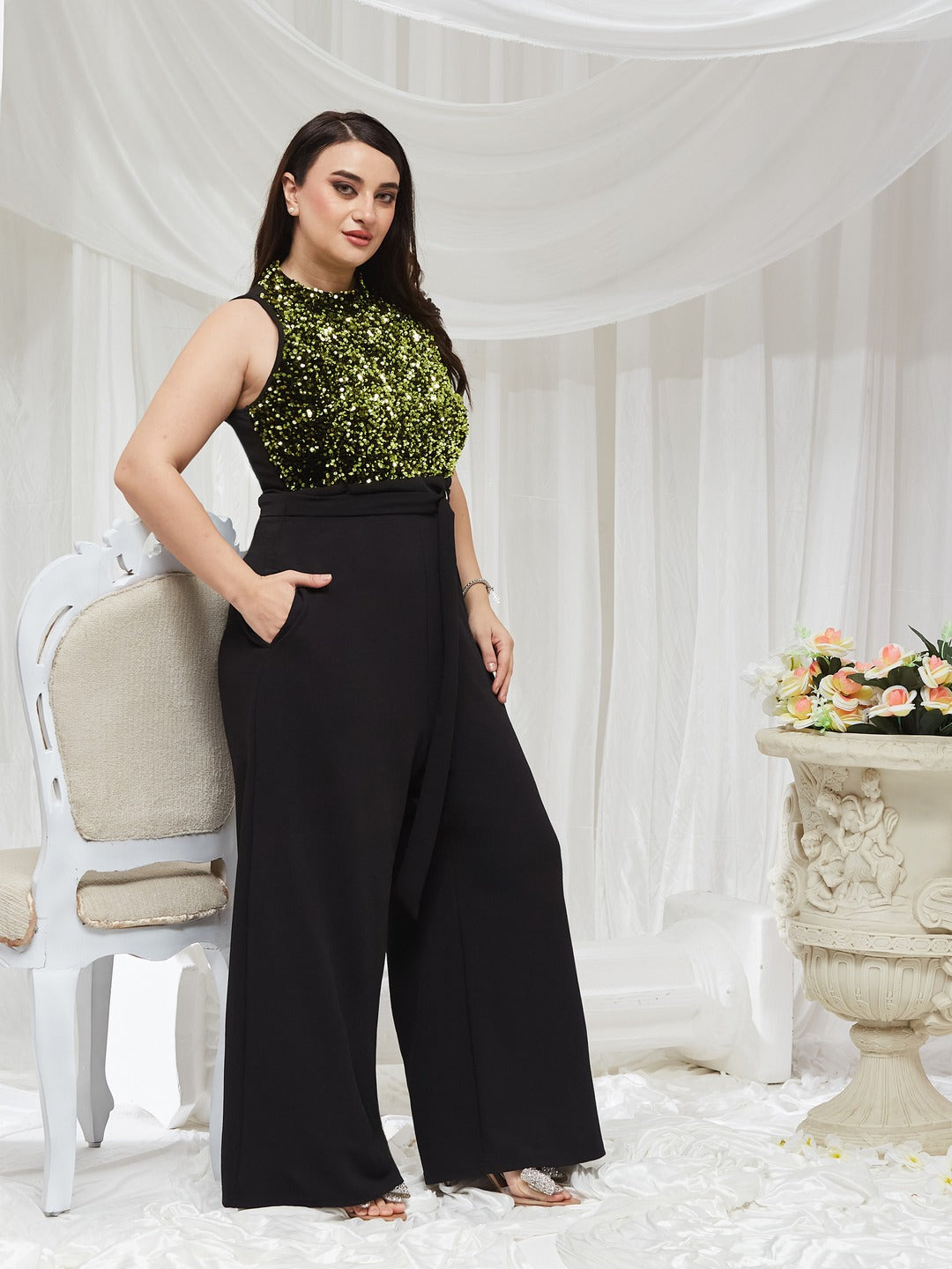 Black And Green Halter Neck Sleeveless Embellished Regular-Length Jumpsuit for Women