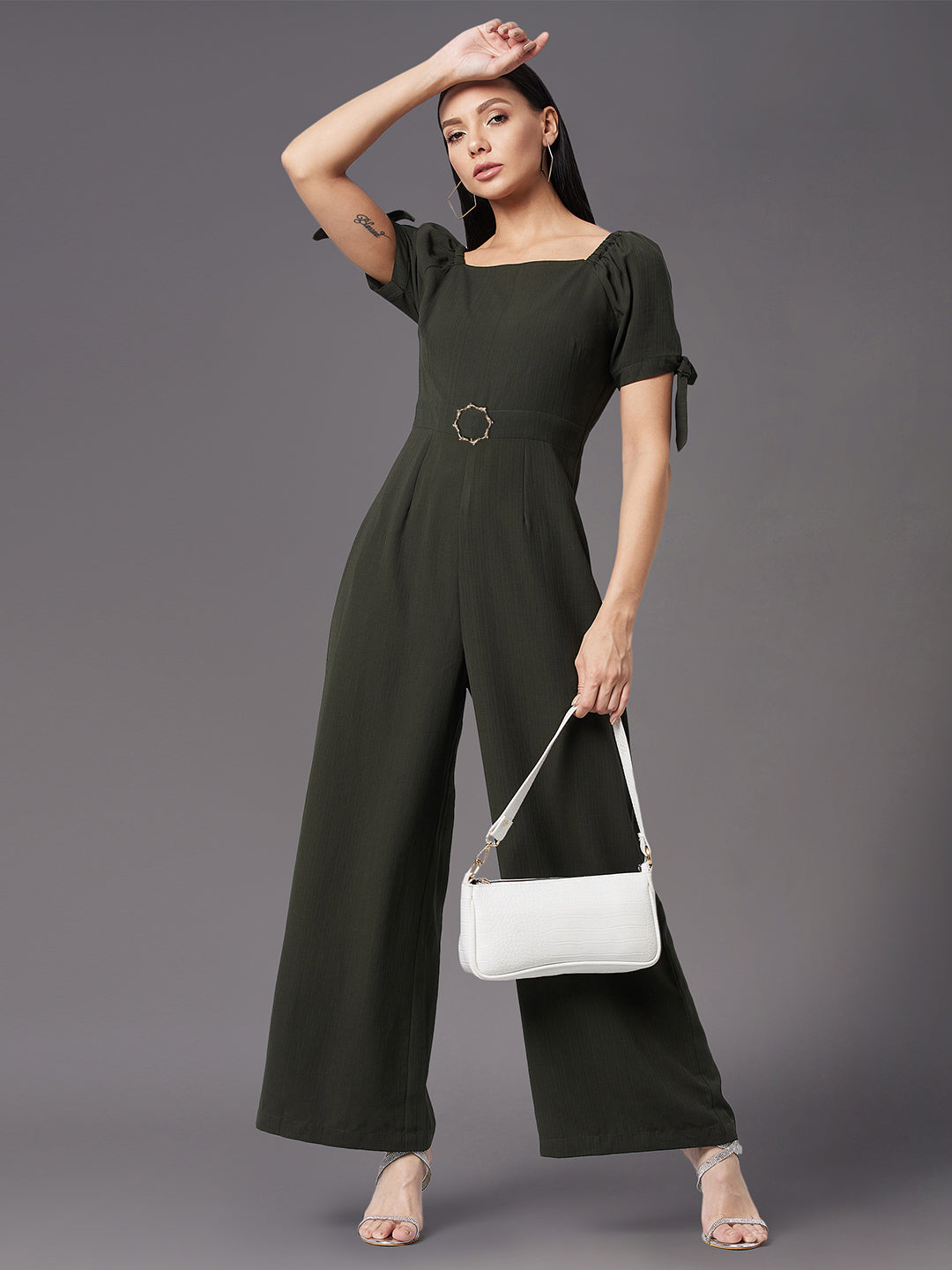 Women's Dark Green Square neck Puff sleeve Solid Wide-Leg Regular Jumpsuit
