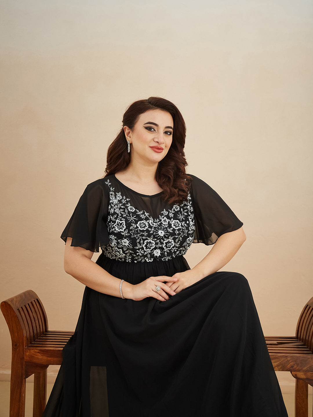 Black Embellished Gathered Maxi Dress for Women